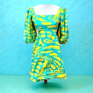 Alexis Bodhi Puff Sleeve Mini Dress Blue Yellow L Cotton